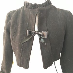 Last kiss wool bolero crop jacket coat blazer bow ribbon tie ruffle collar black